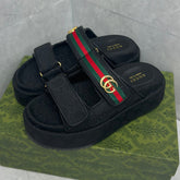 GG Platform Slider Sandal with Double in Black and Stripe