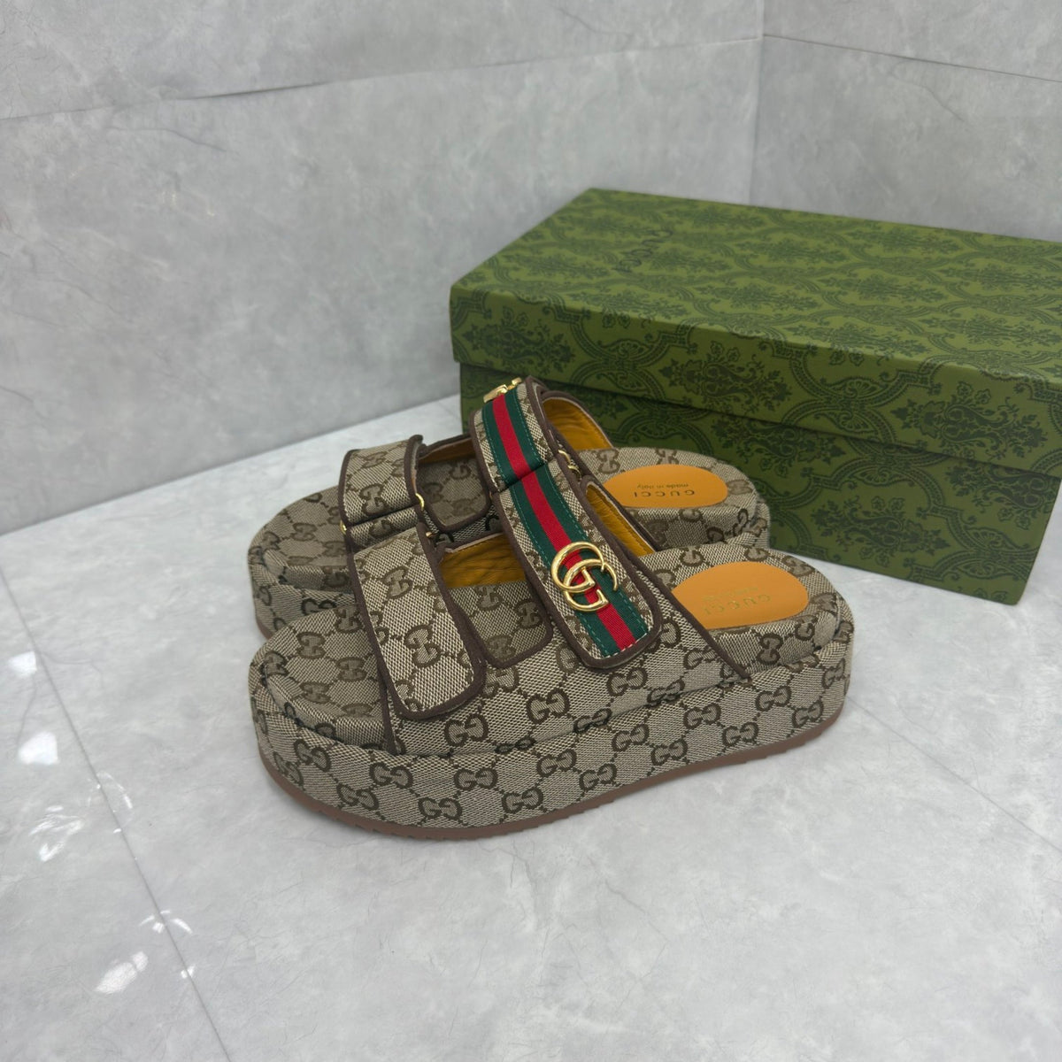 GG Platform Slider Sandal with Double Beige