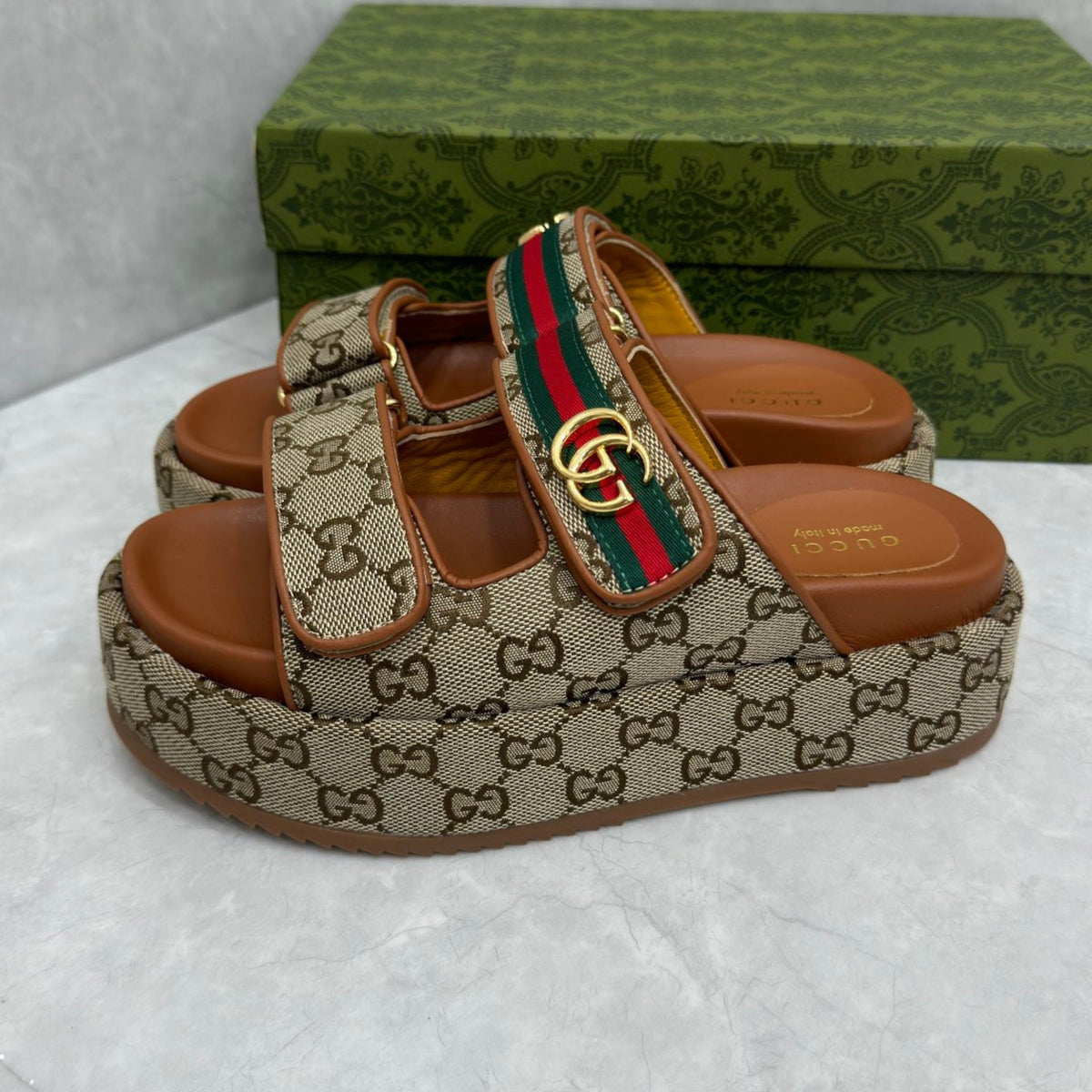 GG Platform Slider Sandal with Double Beige and Brown
