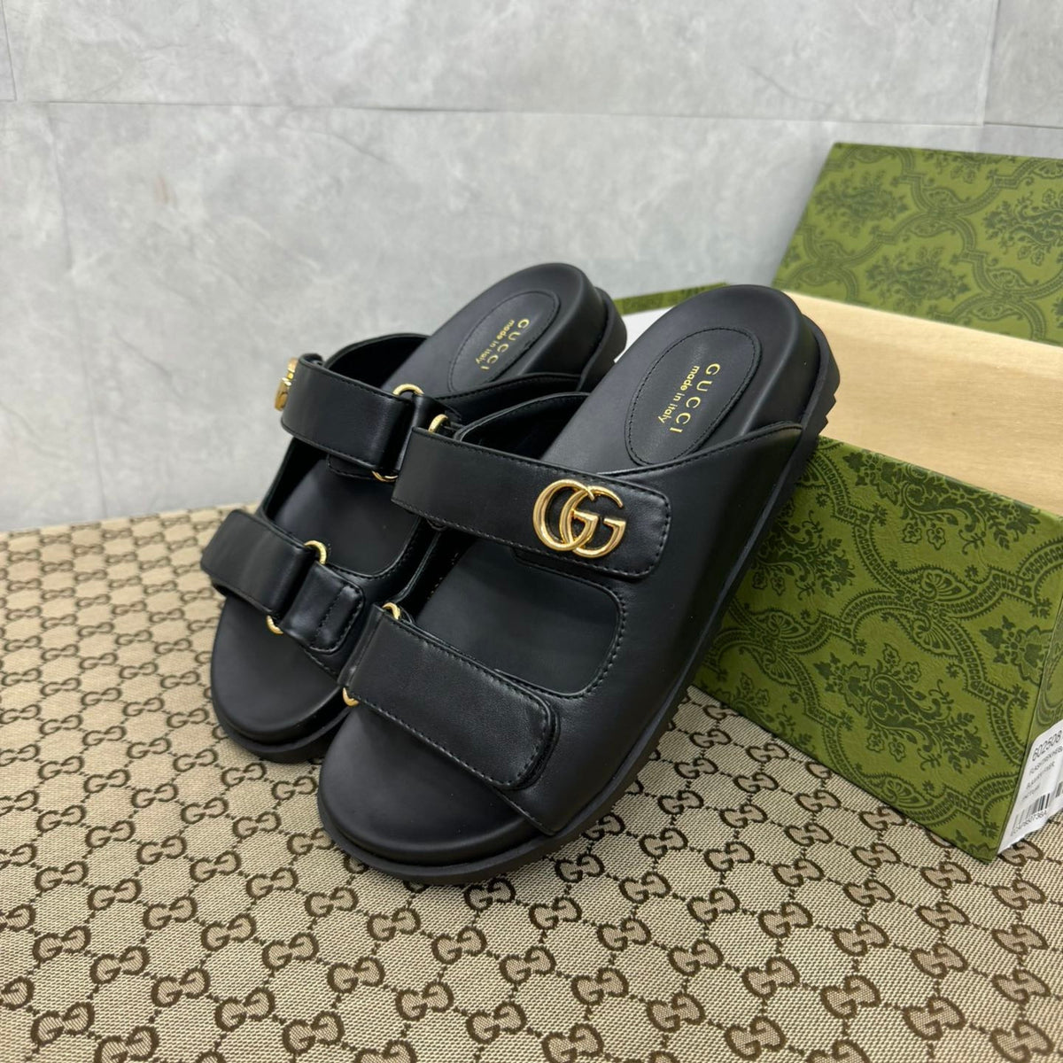 GG Slider Sandal with Double Black Leather