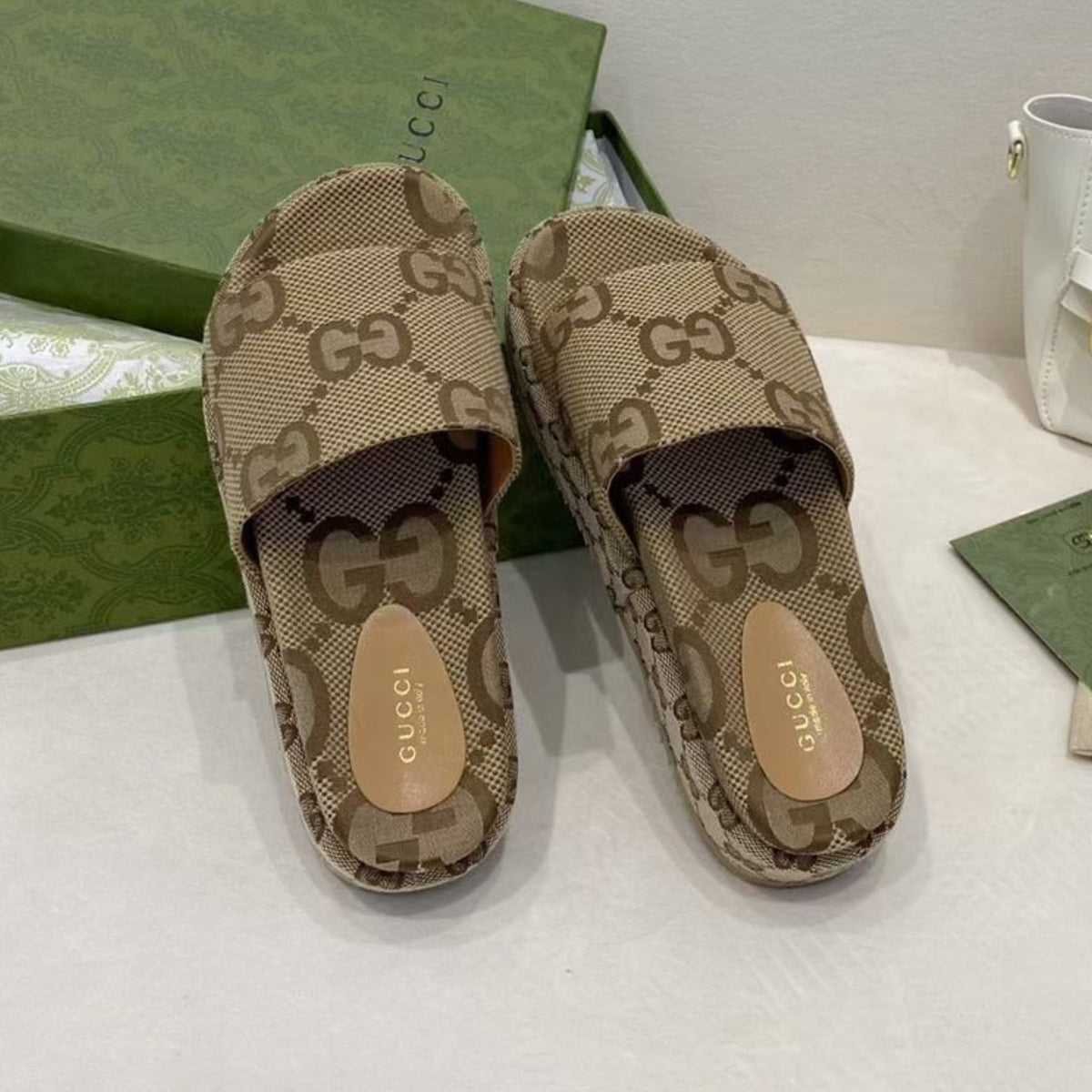 GG Platform Slider Sandal with Beige Print