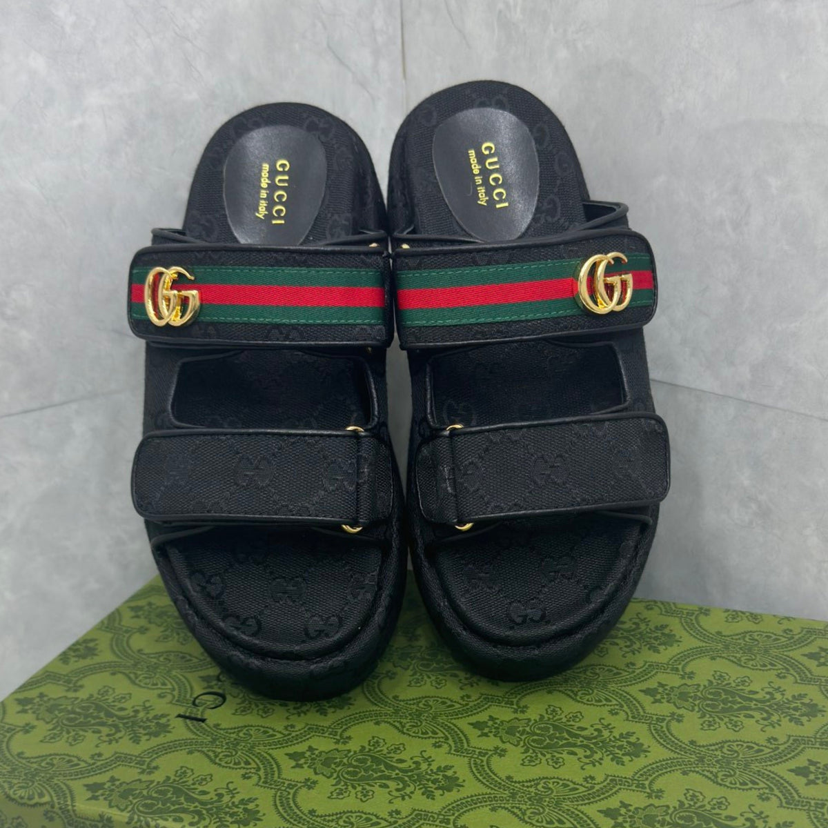 GG Platform Slider Sandal with Double in Black and Stripe