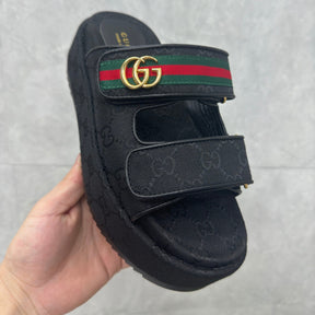 GG Platform Slider Sandal with Double in Black and Stripe