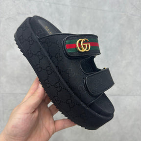 GG Platform Slider Sandal with Double in Black and Stripe