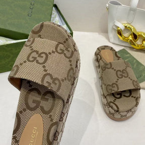 GG Platform Slider Sandal with Beige Print