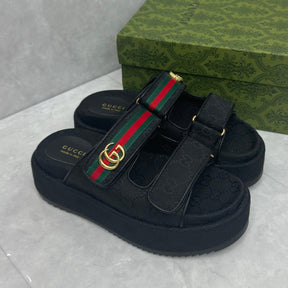 GG Platform Slider Sandal with Double in Black and Stripe