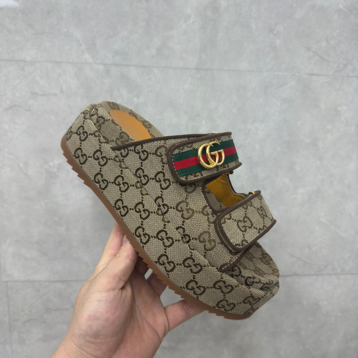 GG Platform Slider Sandal with Double Beige