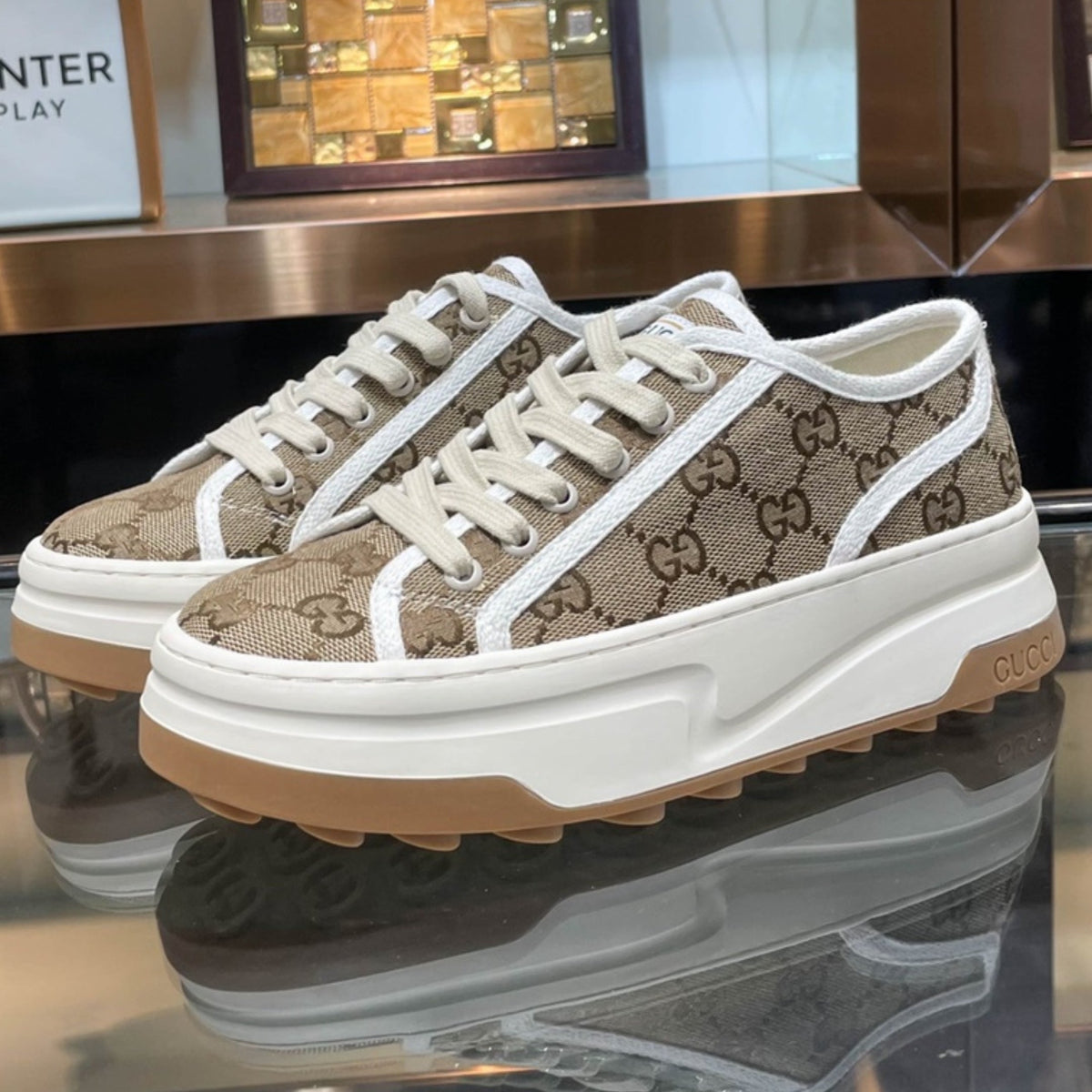 GG Canvas Sneakers with Beige Details and White Details