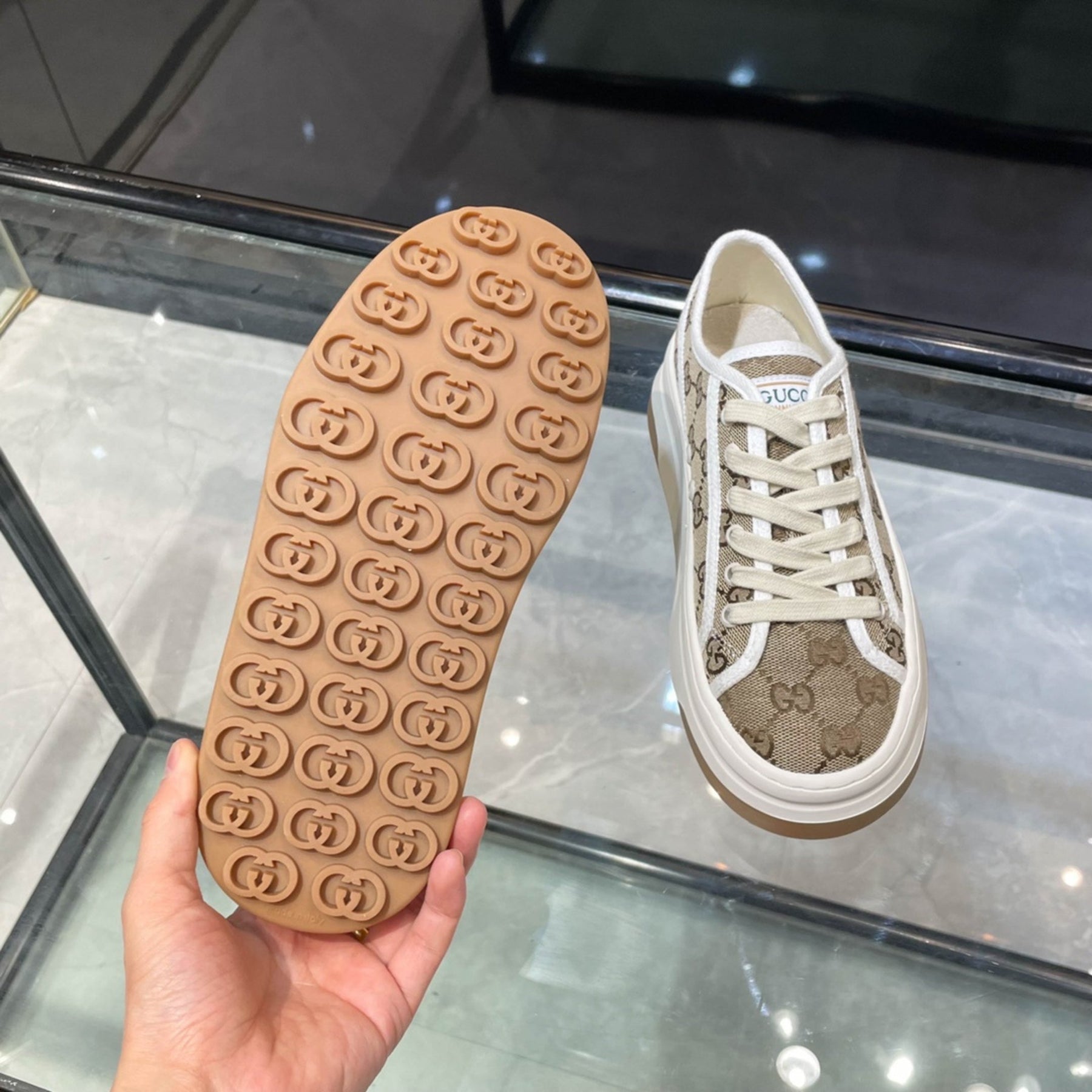 GG Canvas Sneakers with Beige Details and White Details
